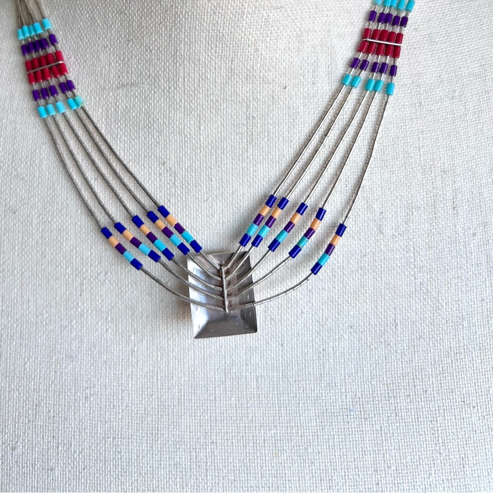 *SOLD* Southwest Style Necklace Earring Set Liquid Silver Semi-Precious Stones - Picture 9 of 16